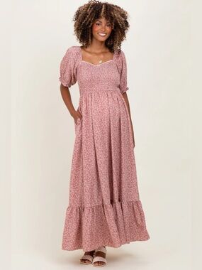 PinkBlush Floral Maxi Dress Cottagecore Smocked Puff Sleeve Boho M Garden Party